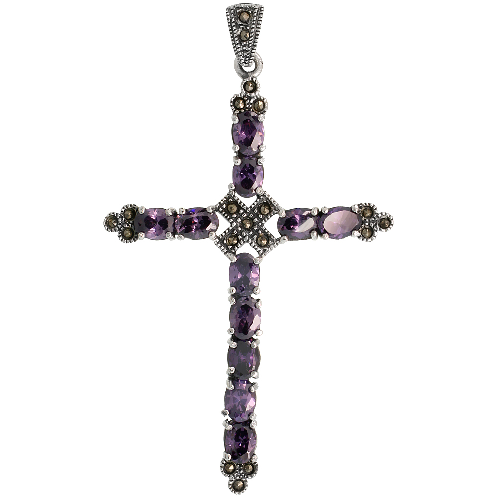 Sterling Silver Marcasite Cross Fleury Pendant, w/ Oval Cut 6x4 mm Amethyst CZ Stones, 2 5/8" (67 mm) tall