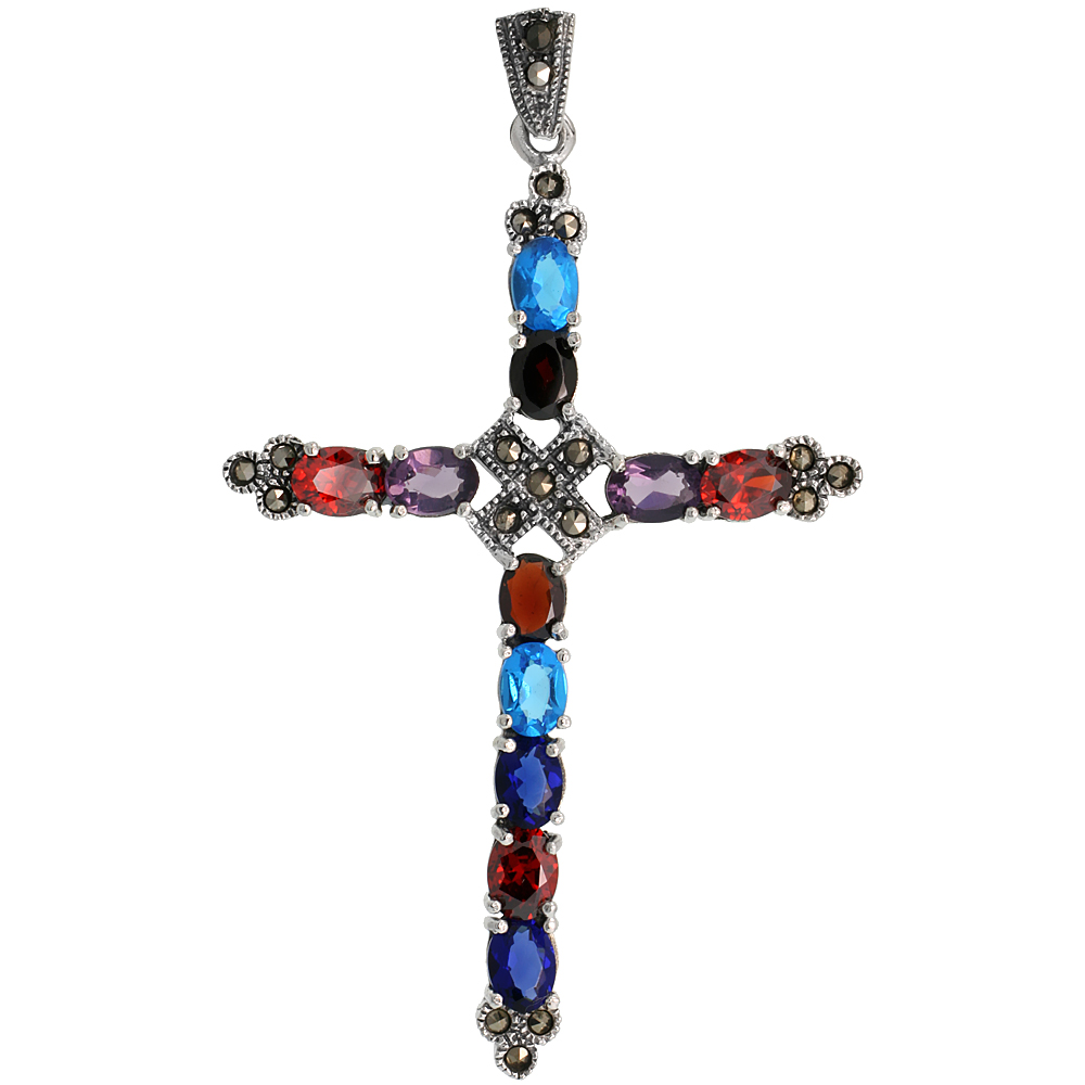 Sterling Silver Marcasite Cross Fleury Pendant, w/ Oval Cut 6x4 mm Multi CZ Stones, 2 5/8" (67 mm) tall