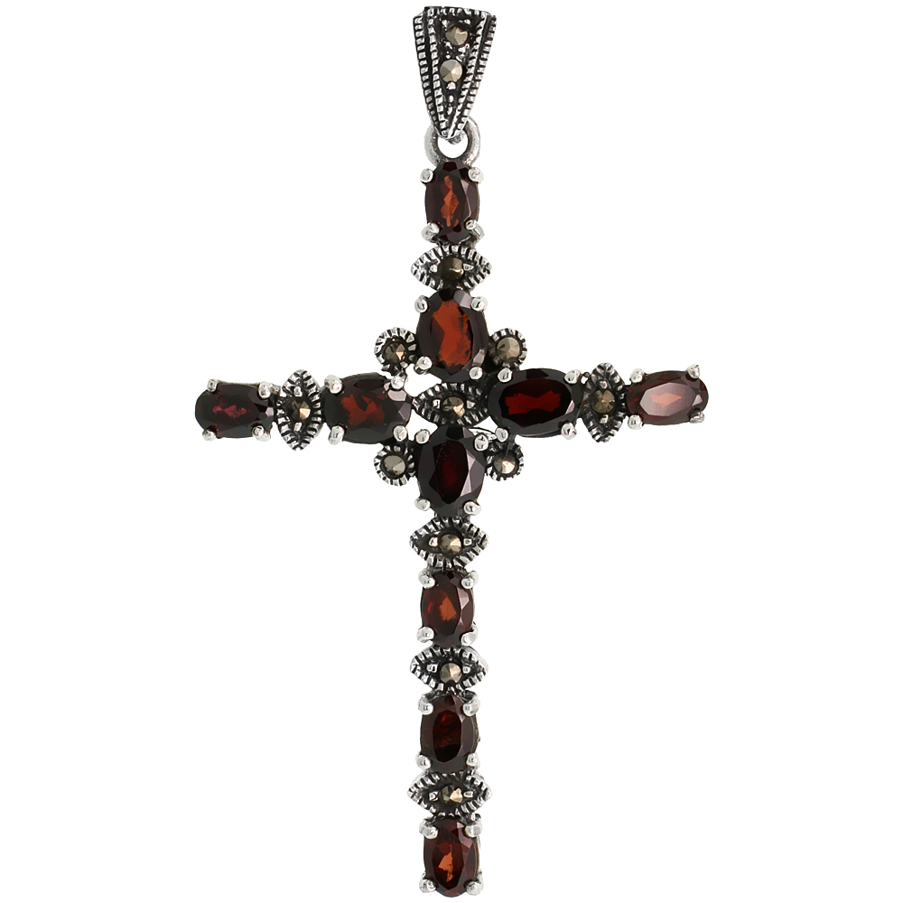 Sterling Silver Marcasite Floral Cross Pendant, w/ Oval Cut Garnet Stones, 2 5/16" (59 mm) tall
