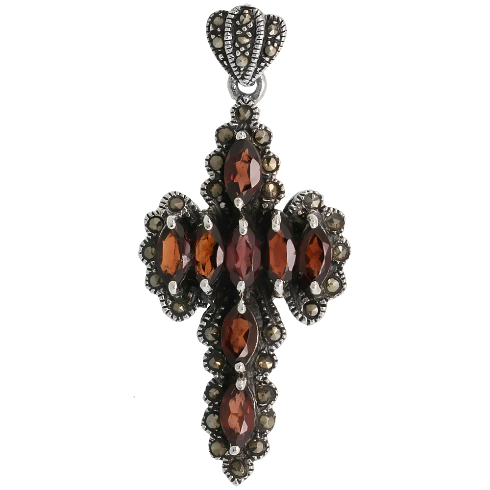 Sterling Silver Marcasite Sword Cross Pendant, w/ Marquise Cut 8x4 mm Garnet Stones, 1 7/8" (48 mm) tall