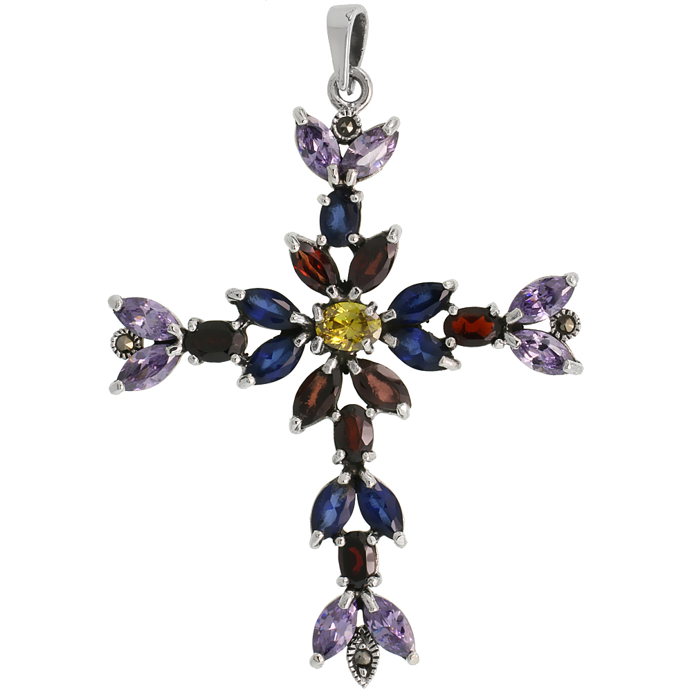 Sterling Silver Marcasite Floral Cross Pendant, w/ Oval & Marquise Cut Multi CZ Stones, 2 1/2" (63 mm) tall