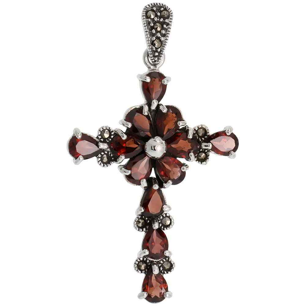 Sterling Silver Marcasite Floral Cross Pendant, w/ Pear Cut 7x5 mm Garnet Stones, 2" (50 mm) tall
