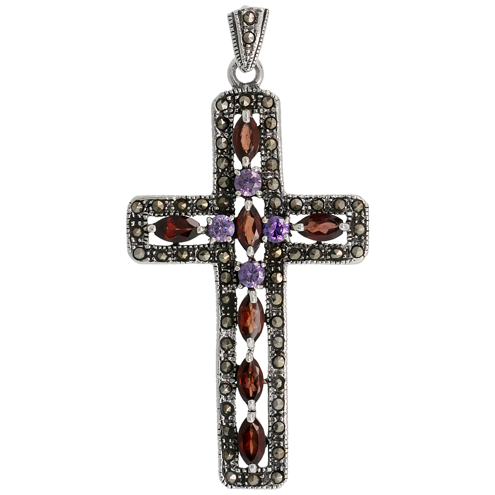 Sterling Silver Marcasite Latin Cross Pendant, w/ Brilliant & Marquise Cut Multi CZ Stones, 2 1/2" (63 mm) tall