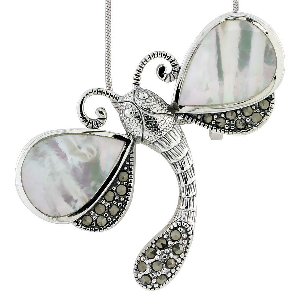 Marcasite Dragonfly Pendant in Sterling Silver, w/ Pear-shaped Mother of Pearl, 3/4" (19 mm) tall