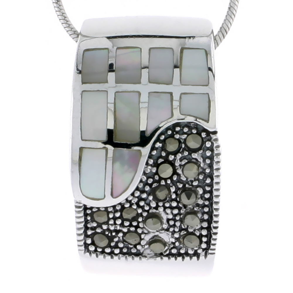 Marcasite Rectangular Pendant Slide in Sterling Silver, w/ Mother of Pearl, 1" (25 mm) tall