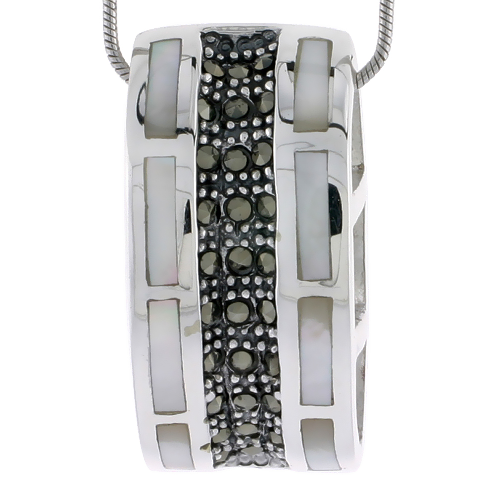 Marcasite Rectangular Pendant Slide in Sterling Silver, w/ Mother of Pearl, 1 1/8" (29 mm) tall
