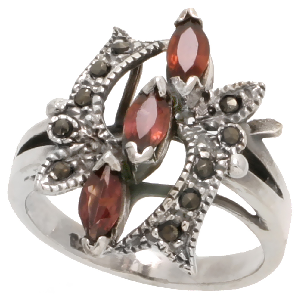 Sterling Silver Marcasite Freeform Ring, w/ Natural Garnet, 13/16" (21 mm) wide