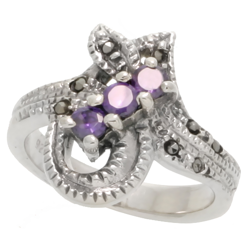 Sterling Silver Marcasite Ring w/ Loop, w/ Brilliant Cut Amethyst CZ, 3/4" (18 mm) wide