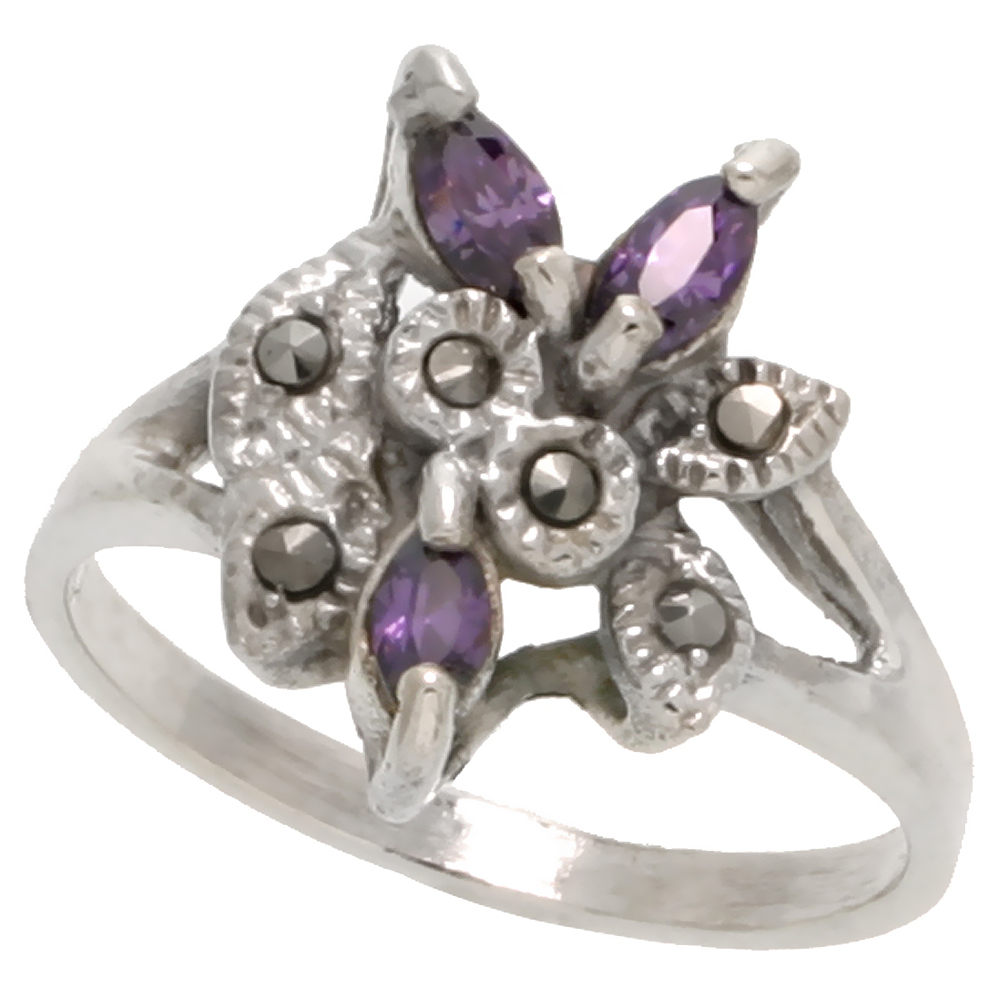Sterling Silver Marcasite Leaf Design Ring, w/ Marquise Cut Amethyst CZ, 11/16" (18 mm) wide