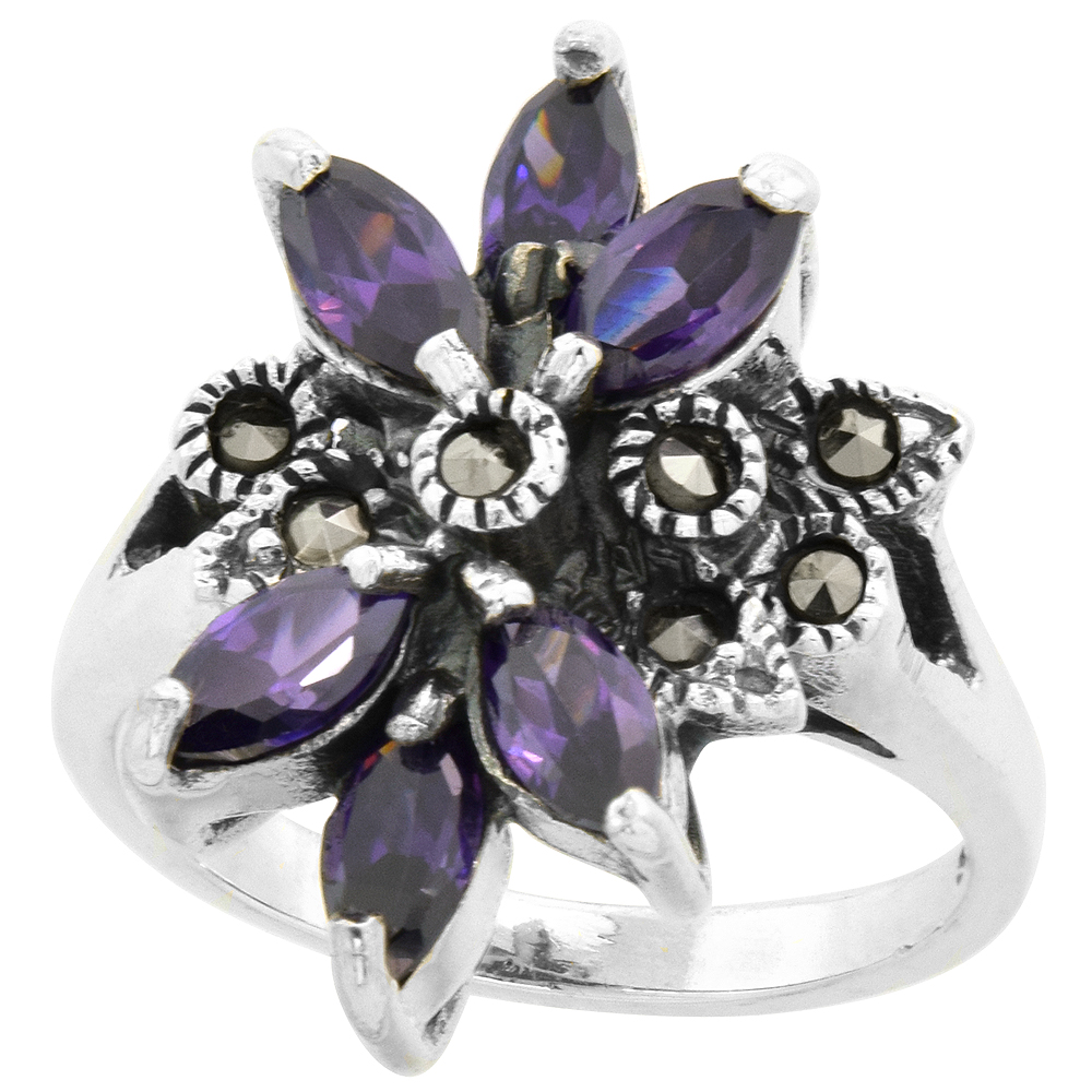 Sterling Silver Marcasite Flower Ring, w/ Marquise Cut Amethyst CZ, 11/16" (18 mm) wide
