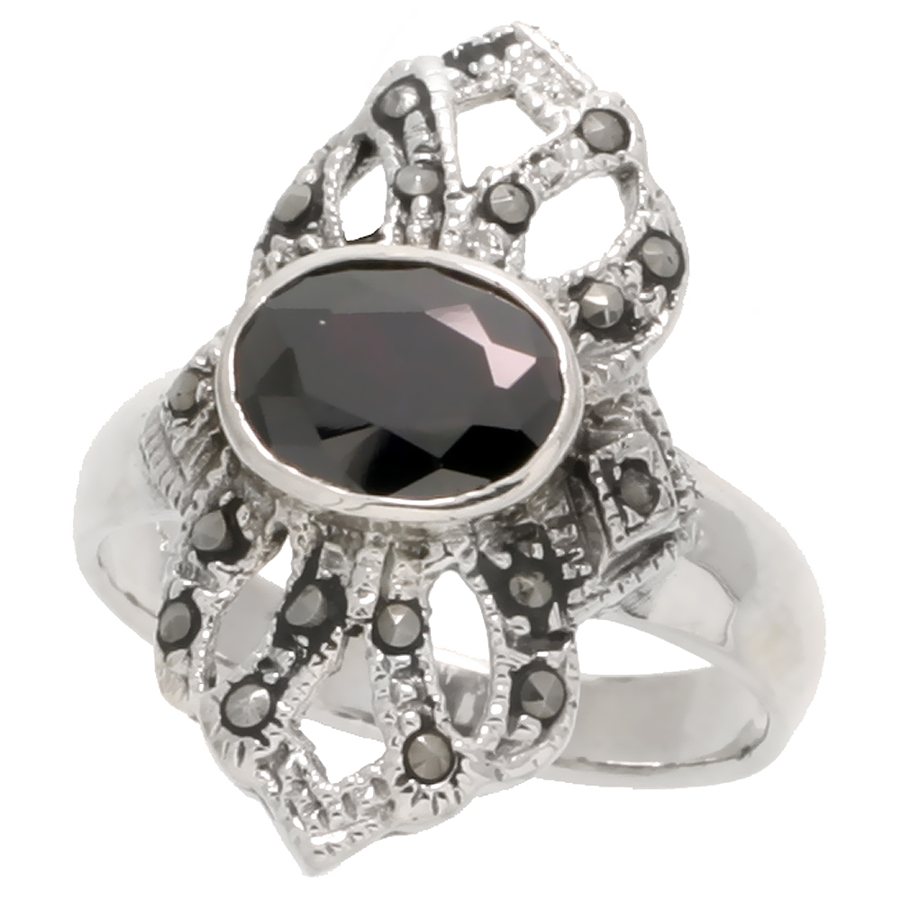 Sterling Silver Marcasite Freeform Ring, w/ Oval Cut Amethyst CZ, 1 1/8" (29 mm) wide