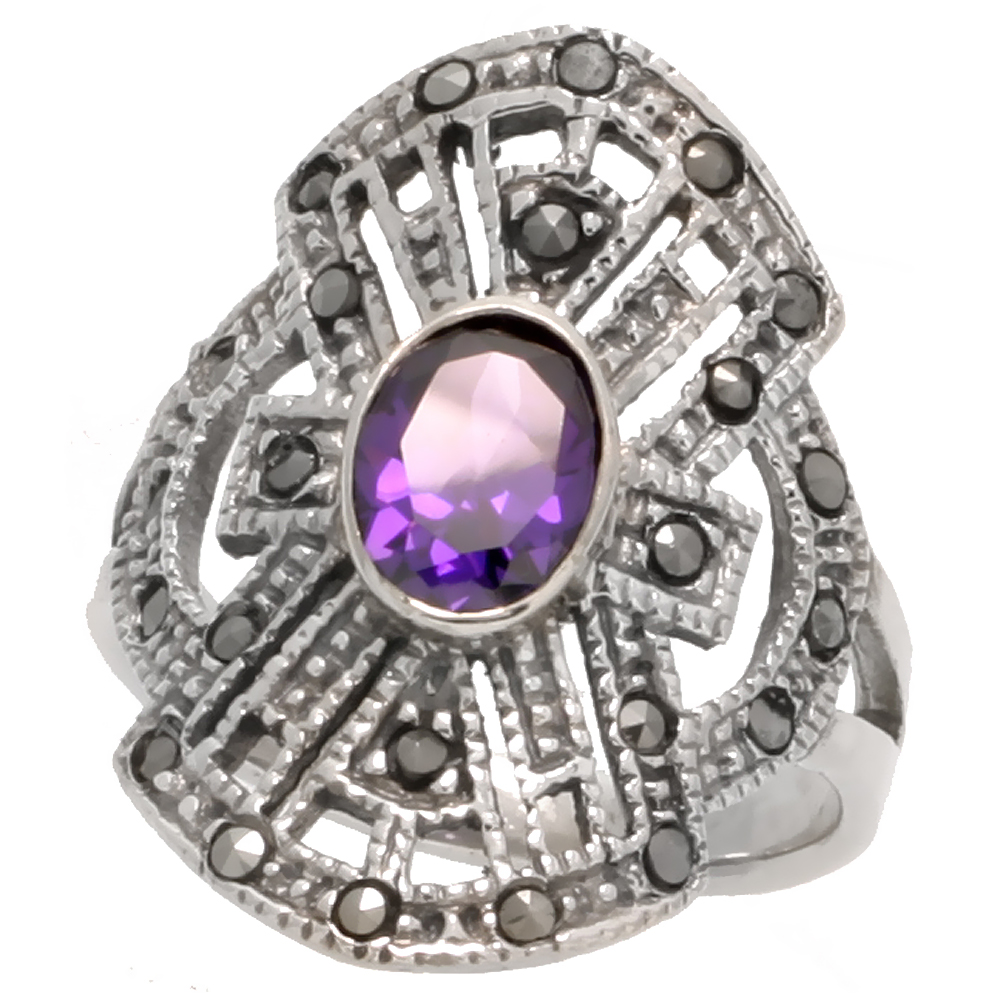Sterling Silver Marcasite Freeform Ring, w/ Oval Cut Amethyst CZ, 1" (26 mm) wide