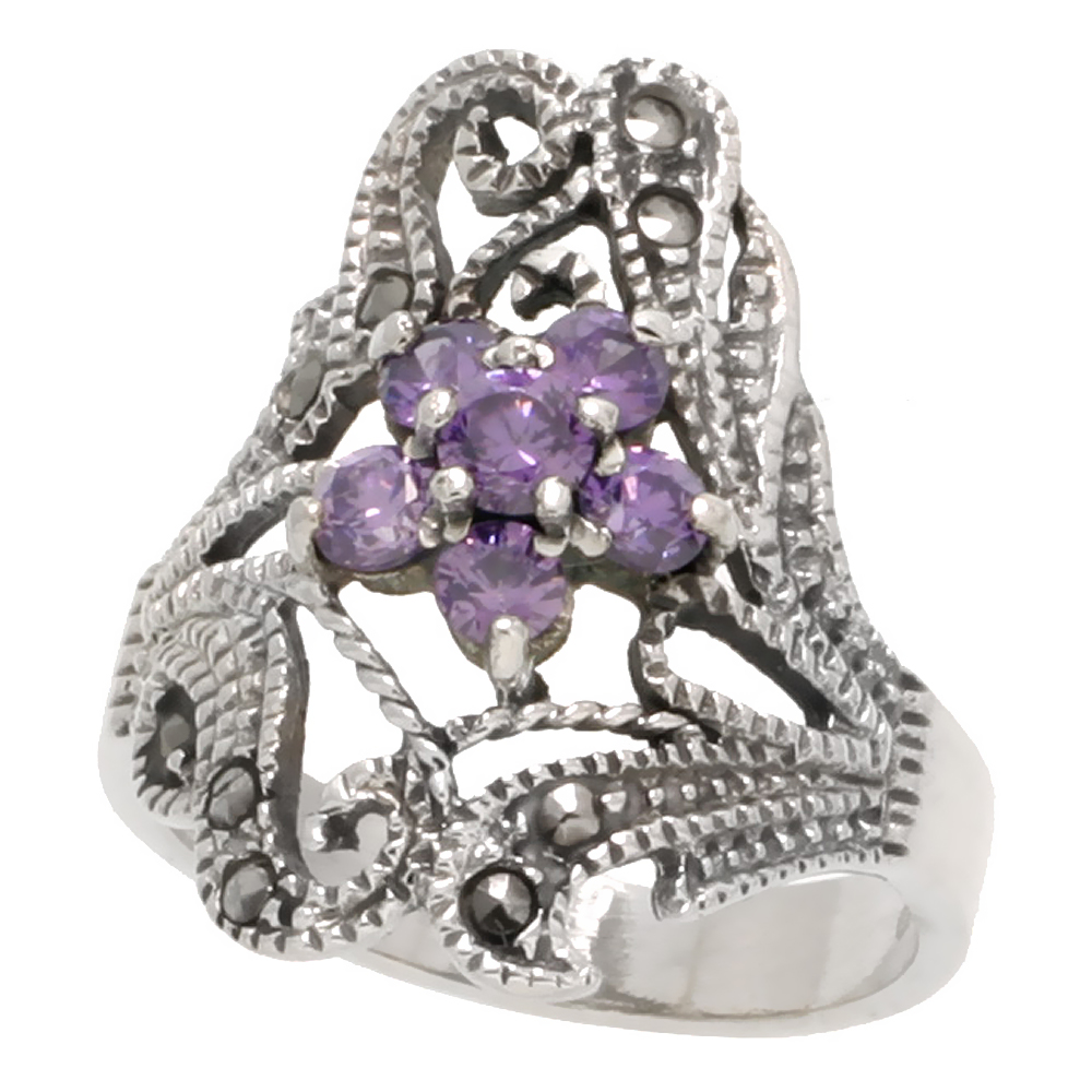 Sterling Silver Marcasite Flower Ring, w/ Brilliant Cut Amethyst CZ, 15/16" (24 mm) wide