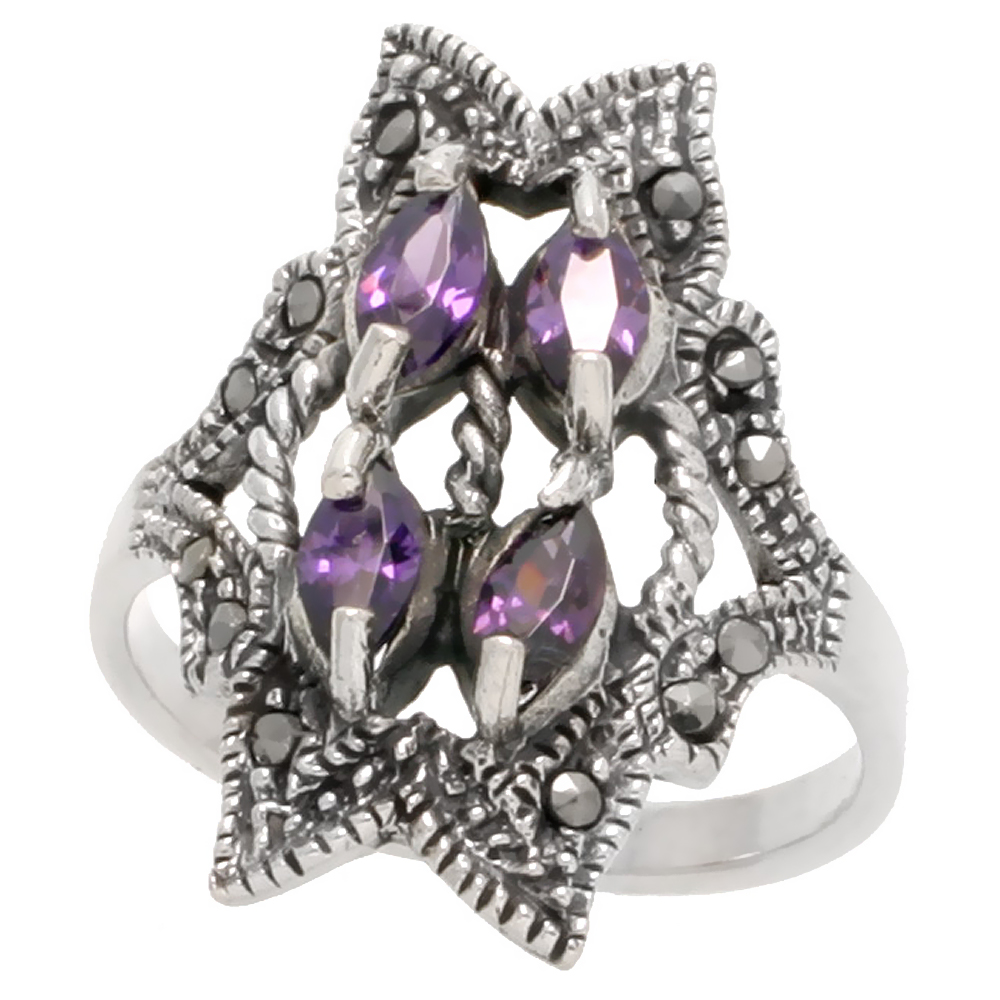 Sterling Silver Marcasite Freeform Ring, w/ Marquise Cut Amethyst CZ, 1" (25 mm) wide