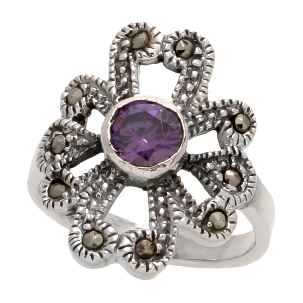 Sterling Silver Marcasite Flower Ring, w/ Brilliant Cut Amethyst CZ, 7/8" (23 mm) wide