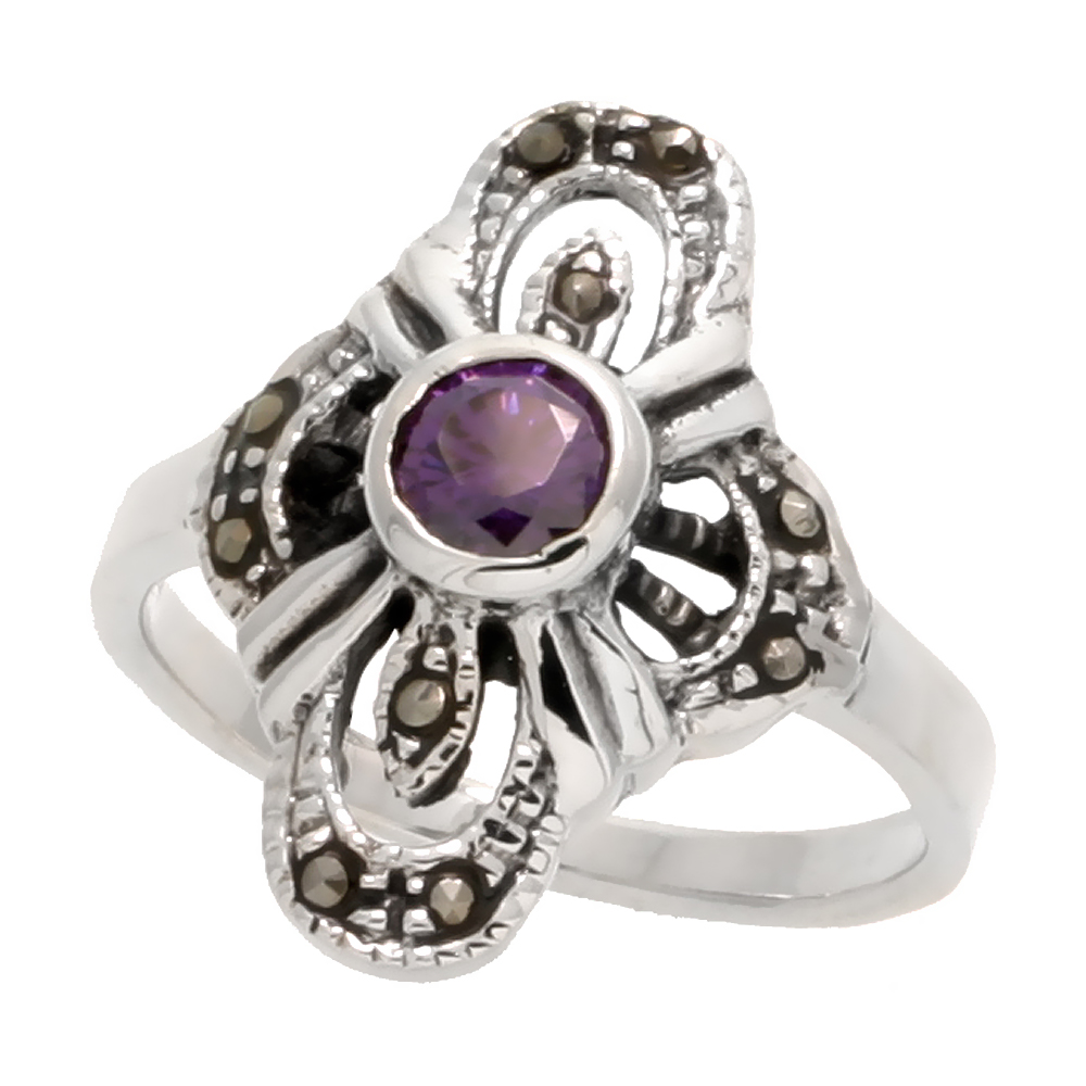 Sterling Silver Marcasite Cross-shaped Ring, w/ Oval Cut Amethyst CZ, 15/16" (24 mm) wide