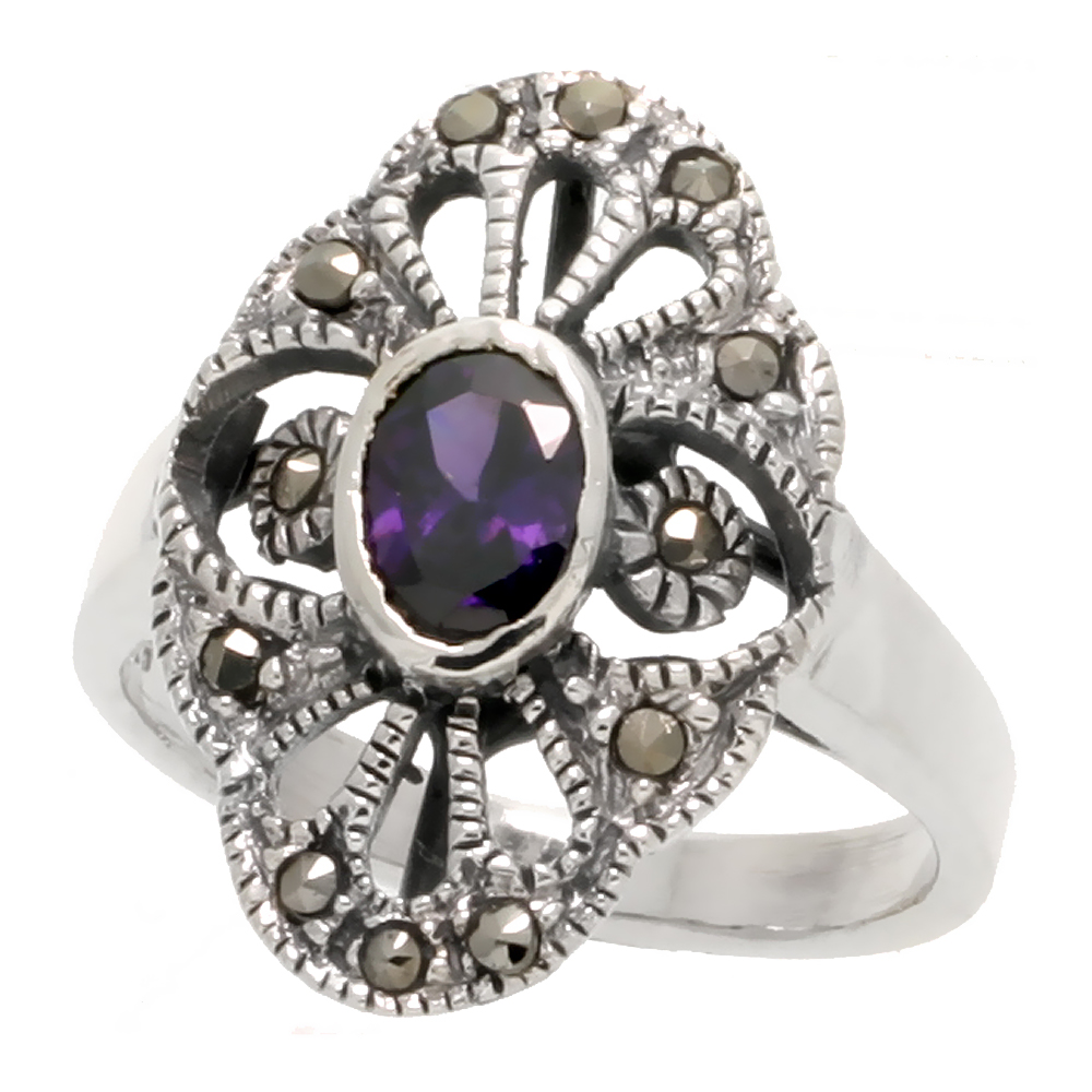 Sterling Silver Marcasite Fancy Ring, w/ Oval Cut Amethyst CZ, 7/8" (22 mm) wide