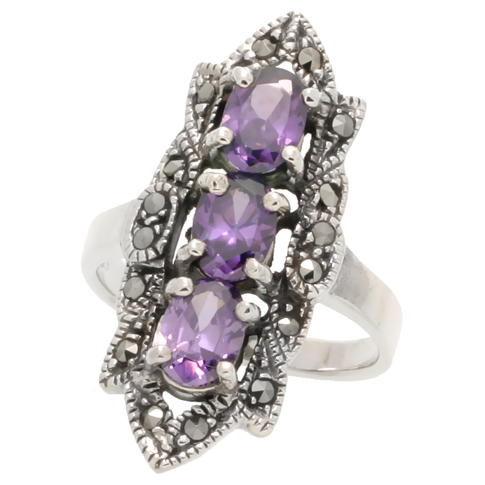 Sterling Silver Marcasite Oblong Ring, w/ Oval Cut Amethyst CZ, 1 3/16" (30 mm) wide