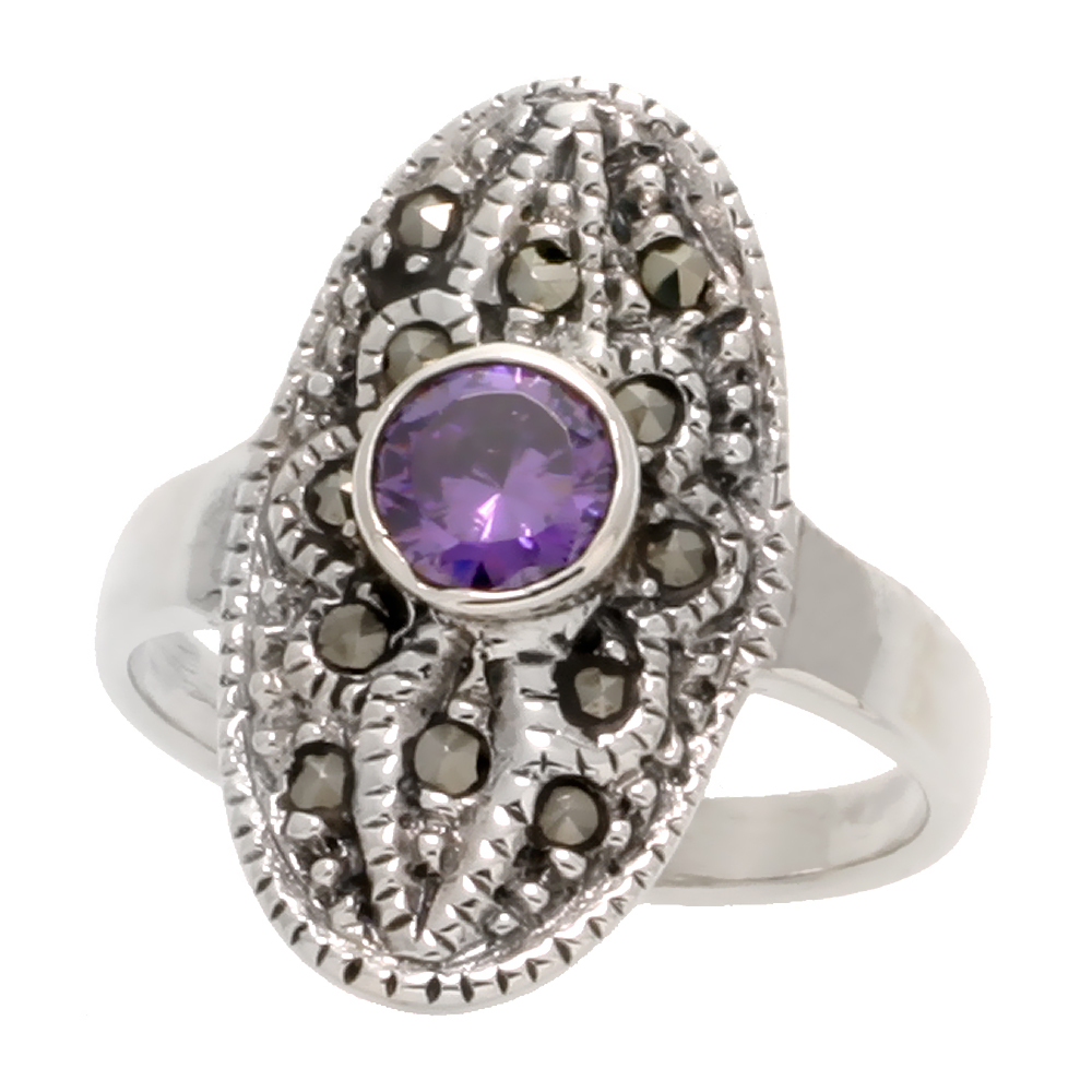 Sterling Silver Marcasite Oblong Ring, w/ Brilliant Cut Amethyst CZ, 15/16" (24 mm) wide