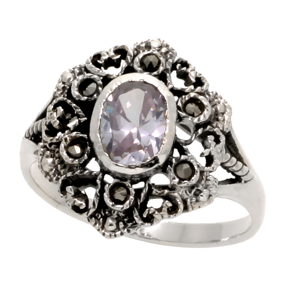 Sterling Silver Marcasite Hexagon-shaped Ring, w/ Oval Cut CZ Stone, 3/4" (20 mm) wide
