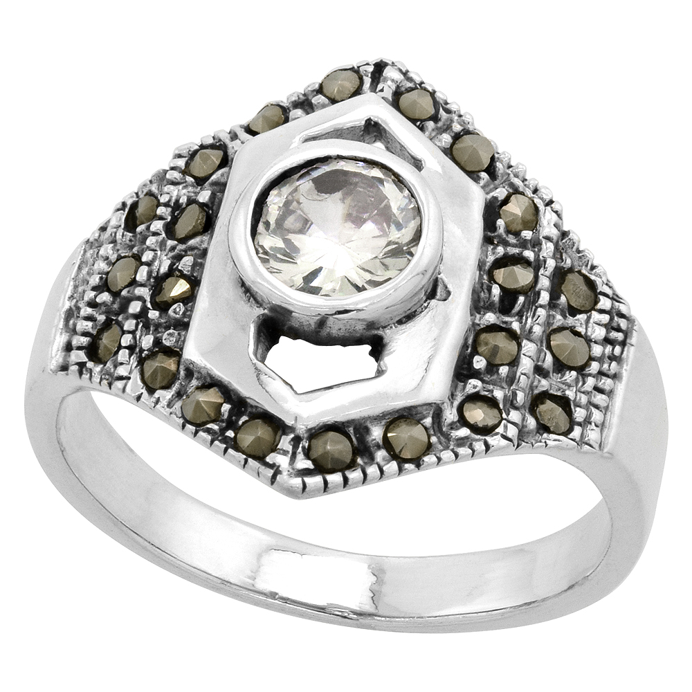 Sterling Silver Marcasite Hexagon-shaped Ring, w/ Brilliant Cut CZ Stone, 3/4" (19 mm) wide