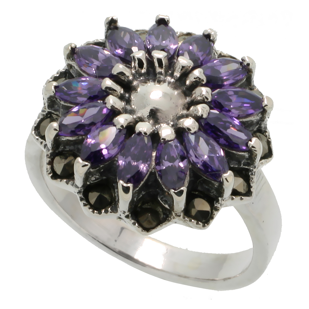 Sterling Silver Marcasite Flower Ring, w/ Marquise Cut Amethyst CZ, 13/16" (21 mm) wide