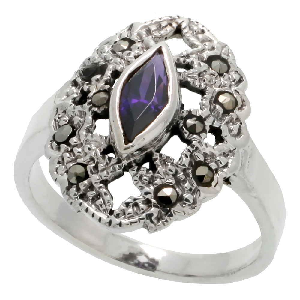 Sterling Silver Marcasite Oval-shaped Ring, w/ Marquise Cut Amethyst CZ, 3/4" (19 mm) wide