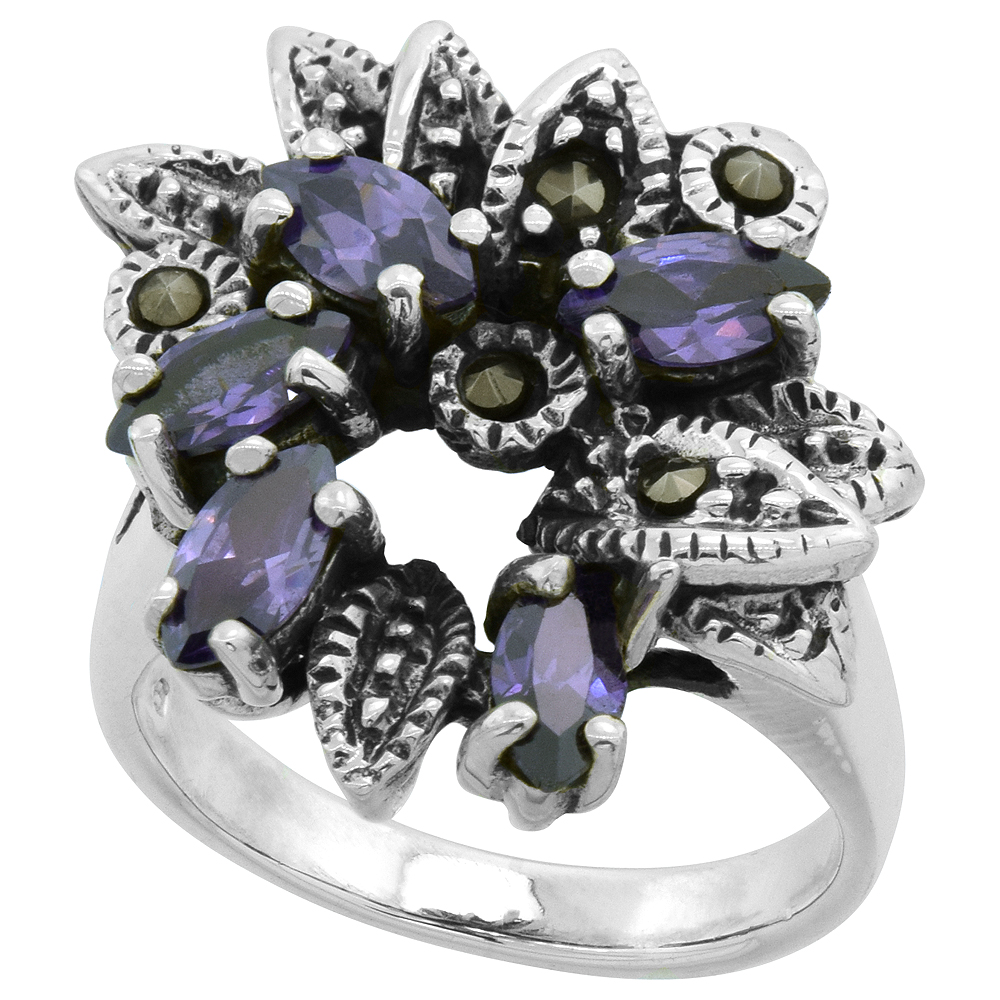 Sterling Silver Marcasite Flower Ring, w/ Marquise Cut Amethyst CZ, 13/16" (21 mm) wide