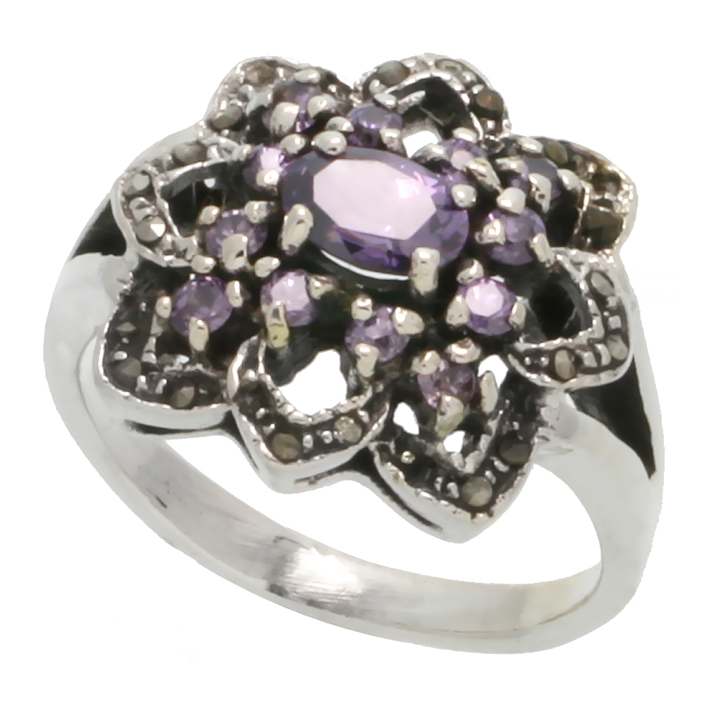 Sterling Silver Marcasite Fancy Flower Ring, w/ Oval Cut Amethyst CZ, 11/16" (18 mm) wide