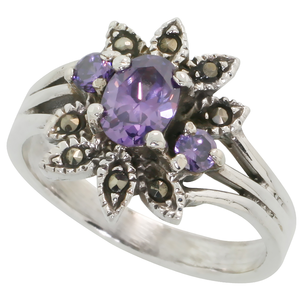 Sterling Silver Marcasite Fancy Flower Ring, w/ Oval Cut Amethyst CZ, 11/16" (17 mm) wide