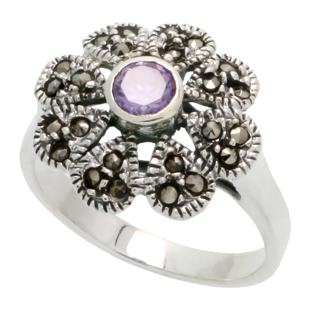 Sterling Silver Marcasite Fancy Flower Ring, w/ Brilliant Cut Amethyst CZ, 11/16" (17 mm) wide