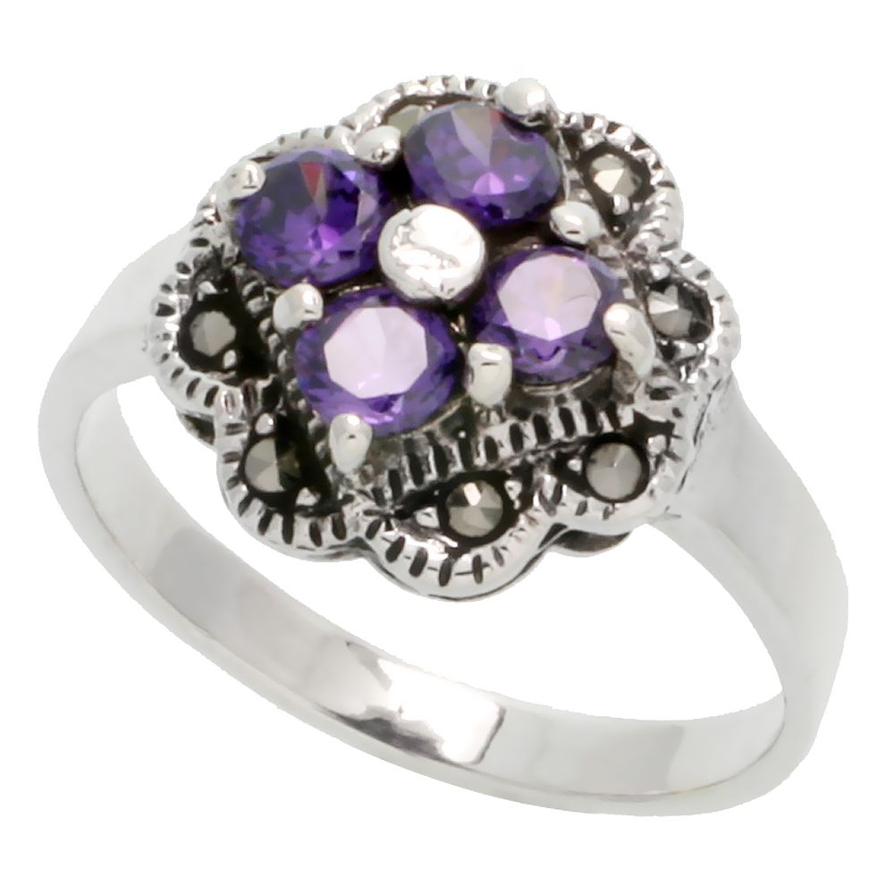 Sterling Silver Marcasite Fancy Flower Ring, w/ Brilliant Cut Amethyst CZ, 5/8" (16 mm) wide