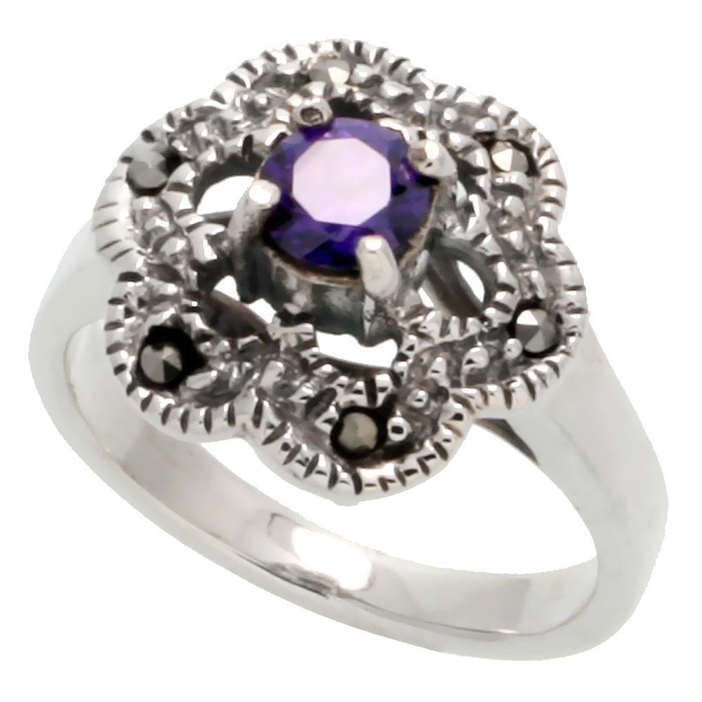 Sterling Silver Marcasite Fancy Flower Ring, w/ Brilliant Cut Amethyst CZ, 9/16" (15 mm) wide
