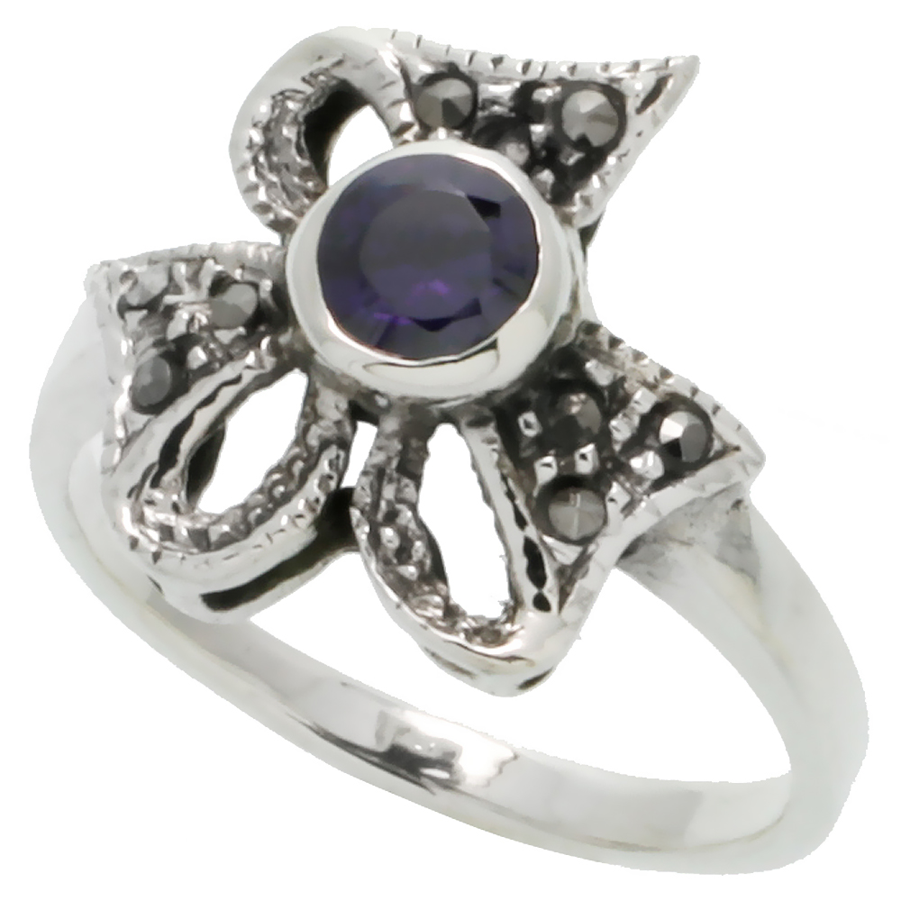 Sterling Silver Marcasite Fancy Ribbon Ring, w/ Brilliant Cut Amethyst CZ, 5/8" (16 mm) wide