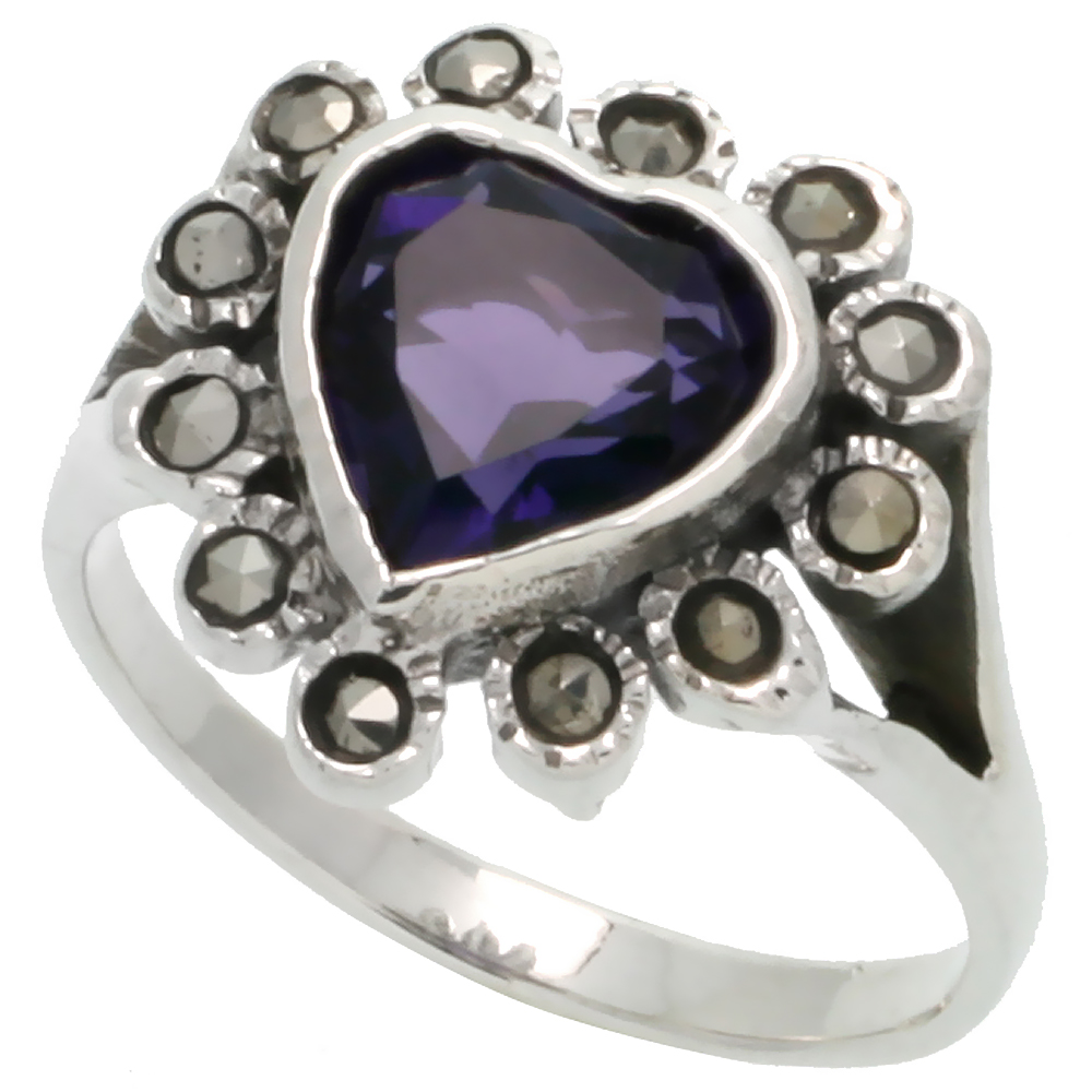 Sterling Silver Marcasite Heart Ring, w/ Amethyst CZ, 5/8" (16 mm) wide