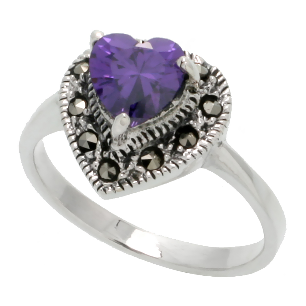 Sterling Silver Marcasite Heart Ring, w/ Amethyst CZ, 5/8" (16 mm) wide