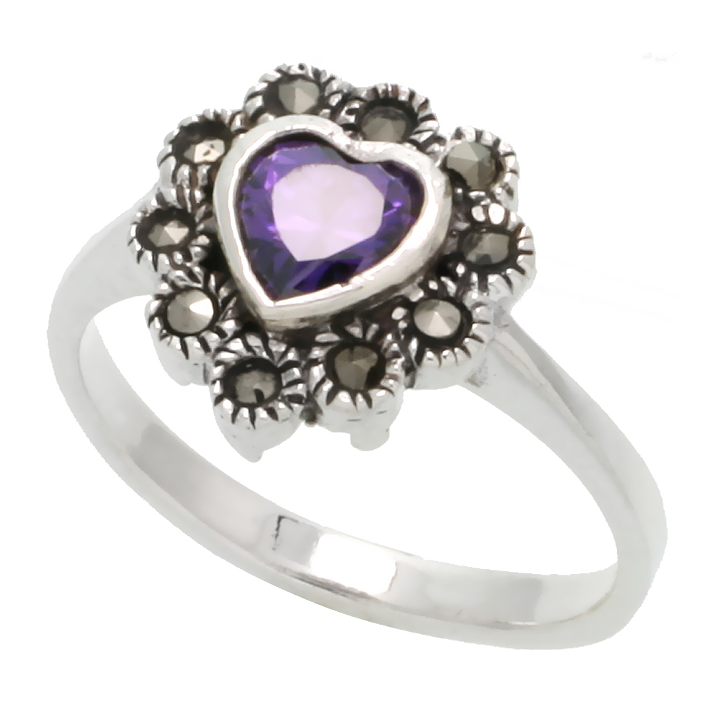 Sterling Silver Marcasite Heart Ring, w/ Amethyst CZ, 9/16" (15 mm) wide