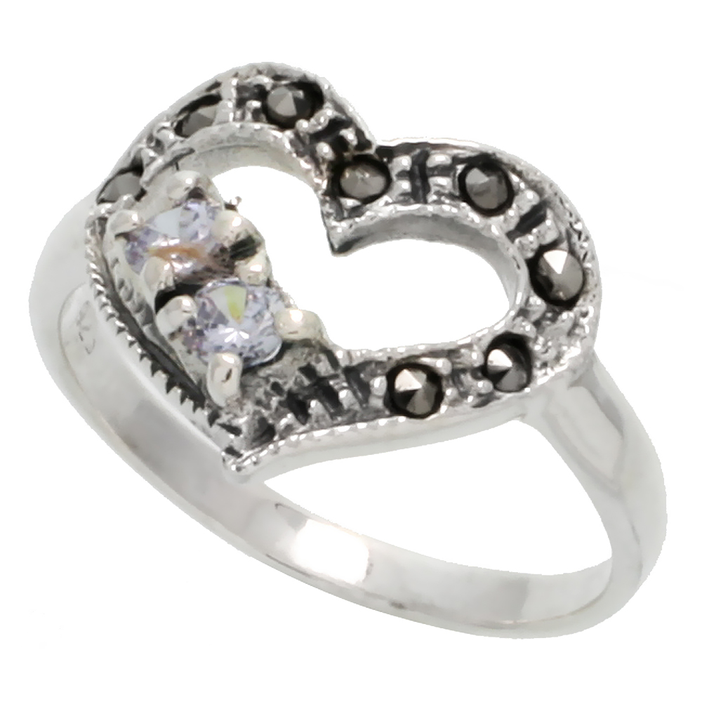 Sterling Silver Marcasite Heart Cut Out Ring, w/ Brilliant Cut CZ Stones, 9/16" (15 mm) wide