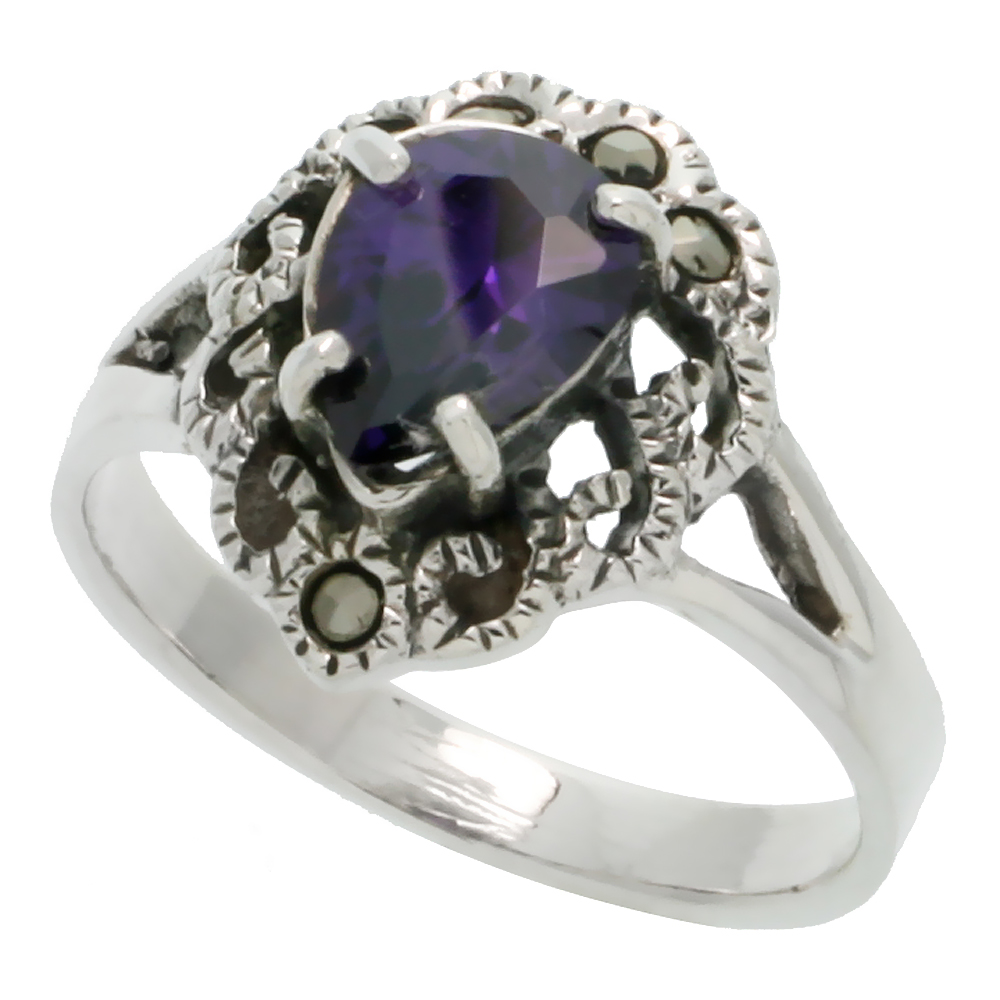 Sterling Silver Marcasite Pear-shaped Ring, w/ Pear Cut Amethyst CZ, 11/16" (17 mm) wide