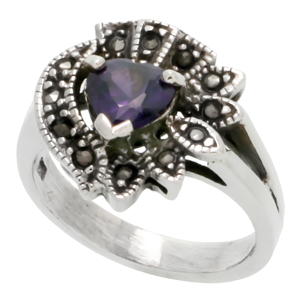 Sterling Silver Marcasite Heart Ring, w/ Amethyst CZ, 9/16" (15 mm) wide