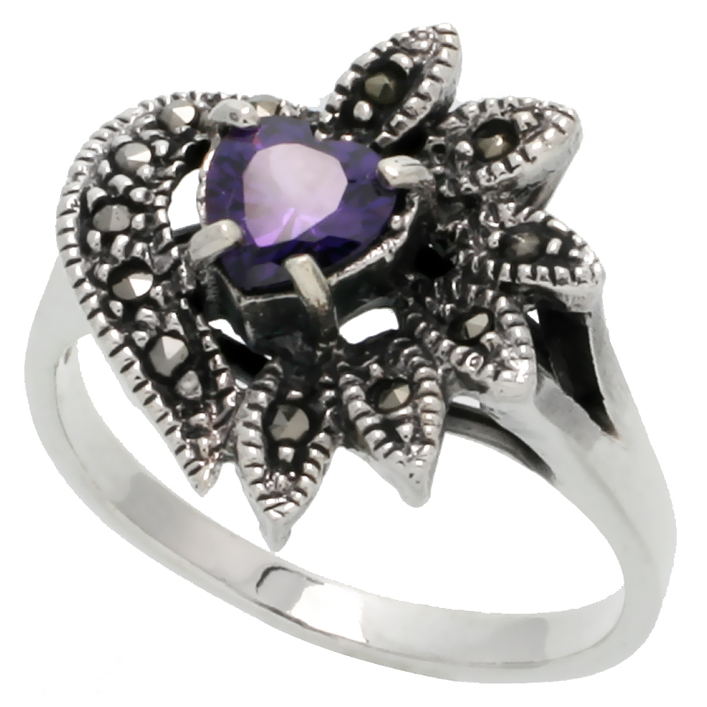 Sterling Silver Marcasite Heart Ring, w/ Amethyst CZ, 9/16" (15 mm) wide