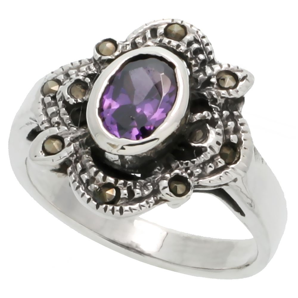 Sterling Silver Marcasite Fancy Clover Ring, w/ Oval Cut Amethyst CZ, 5/8" (16 mm) wide