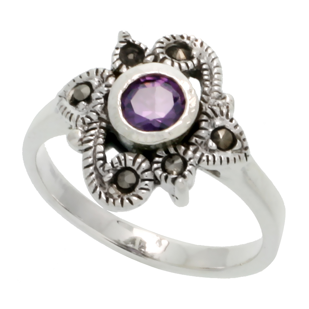 Sterling Silver Marcasite Ring, w/ Brilliant Cut Amethyst CZ, 5/8" (16 mm) wide