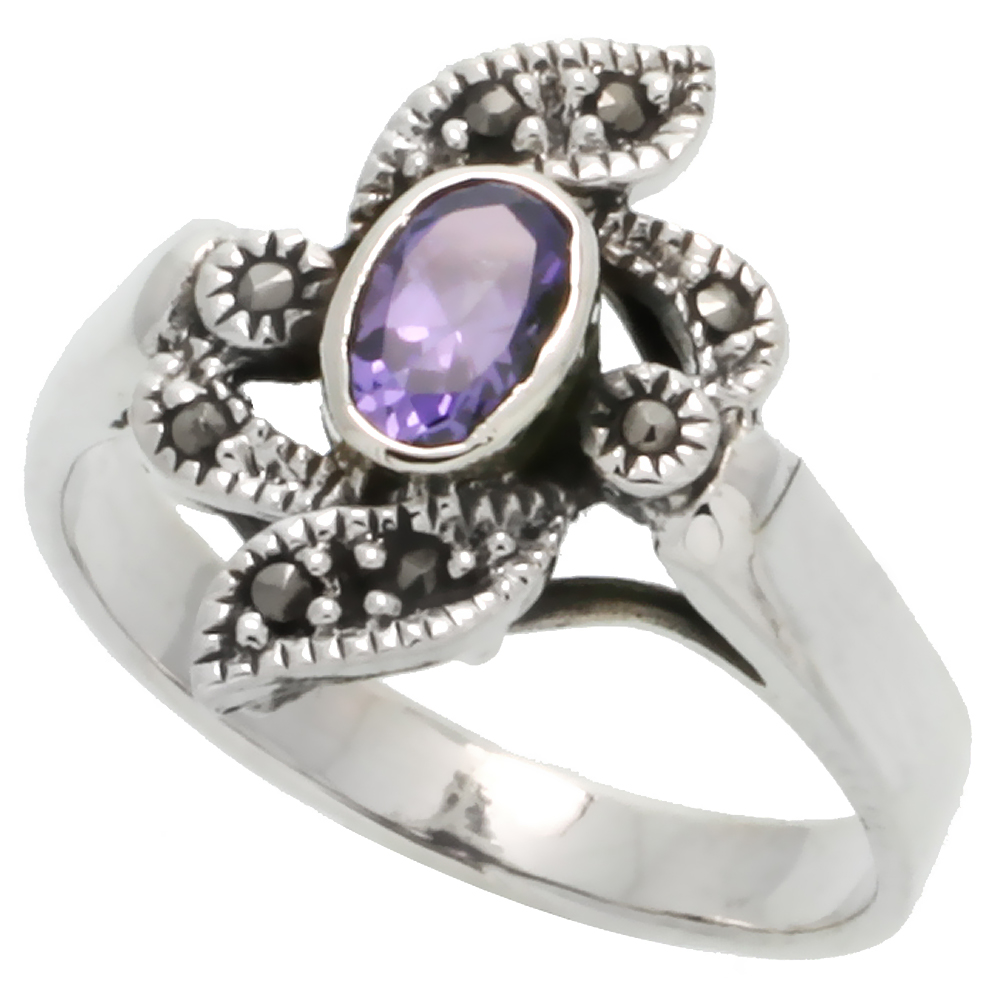 Sterling Silver Marcasite Ring, w/ Oval Cut Amethyst CZ, 3/4" (19 mm) wide