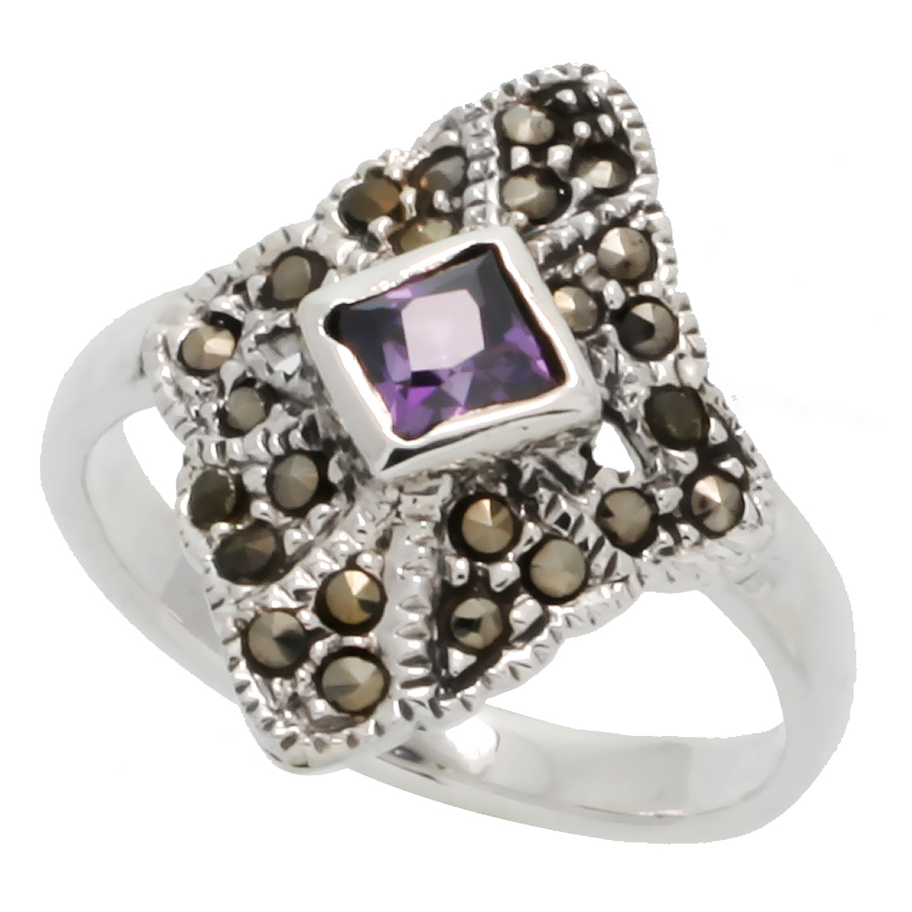 Sterling Silver Marcasite Ring, w/ Princess Cut Amethyst CZ, 13/16" (21 mm) wide