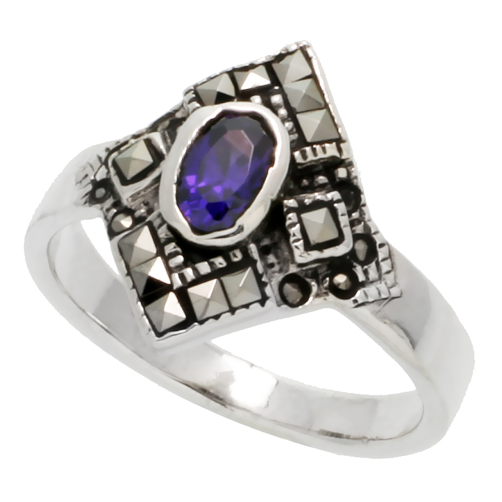 Sterling Silver Marcasite Ring, w/ Oval Cut Amethyst CZ, 5/8" (16 mm) wide