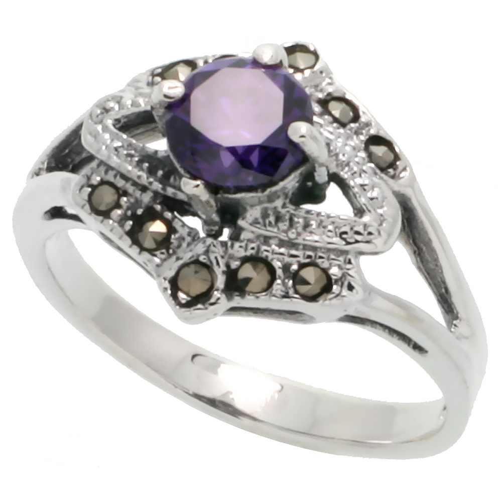 Sterling Silver Marcasite Freeform Ring, w/ Brilliant Cut Amethyst CZ, 5/8" (16 mm) wide