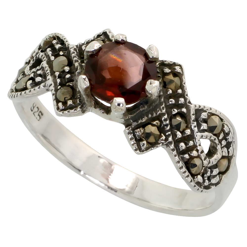 Sterling Silver Marcasite Double Knot Ring, w/ Brilliant Cut Natural Garnet, 3/8" (10 mm) wide