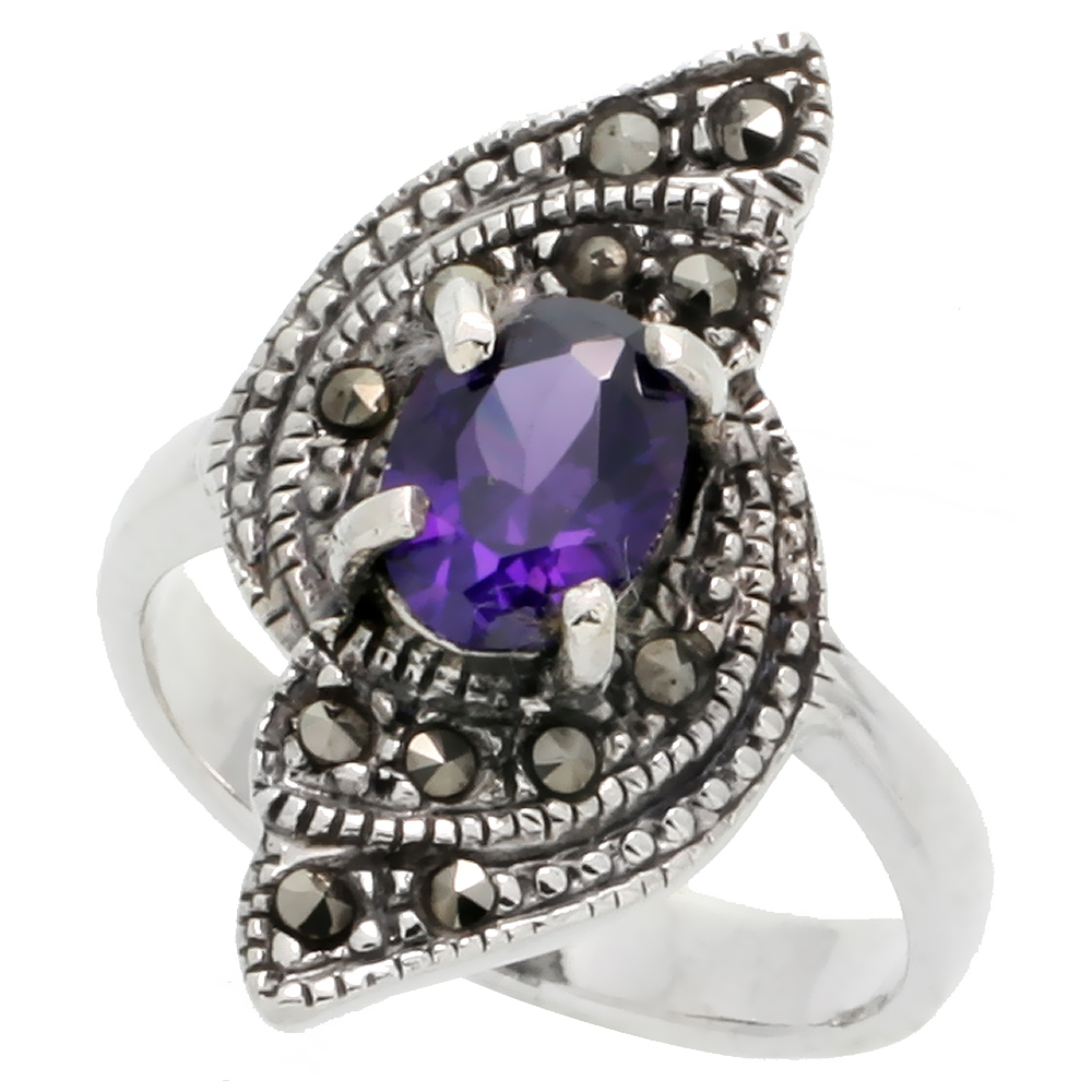 Sterling Silver Marcasite Freeform Ring, w/ Oval Cut Amethyst CZ, 1 1/16" (27 mm) wide