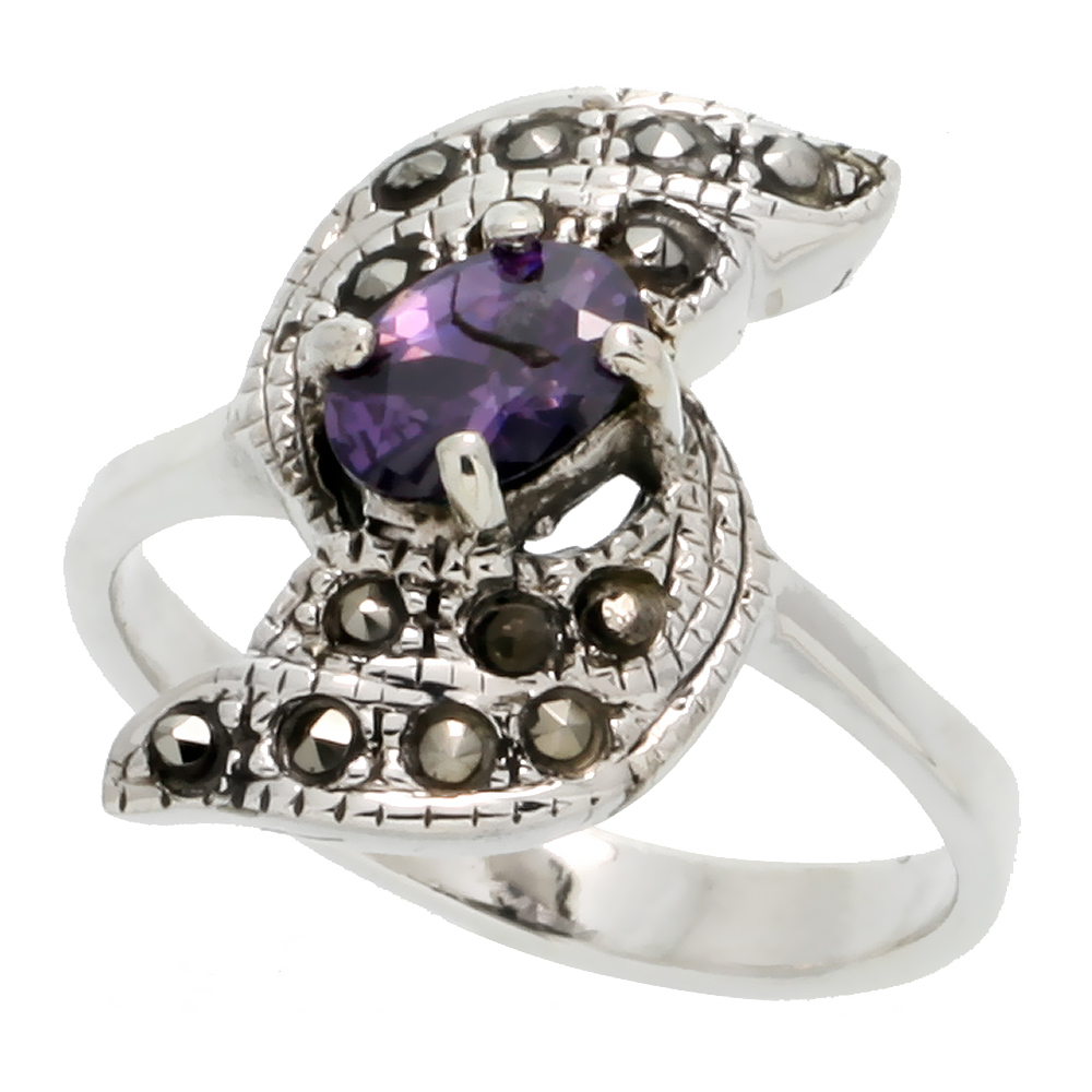 Sterling Silver Marcasite Swirl Ring, w/ Oval Cut Amethyst CZ, 7/8" (22 mm) wide
